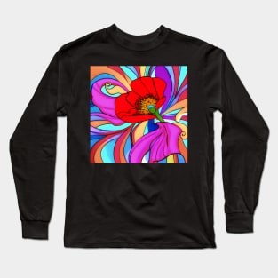 70s Style Red Poppy Flower Digital Abstract (MD23Mrl019) Long Sleeve T-Shirt